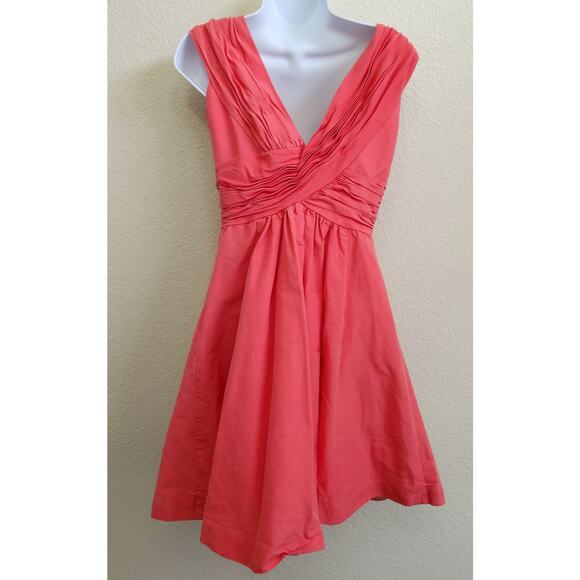 Mirror of Venus Anthropolgie Coral Orange Silk V Neck A Line Dress 2 L Pleated - Picture 2 of 7